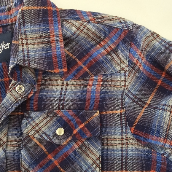 Wrangler Boys 10-12 shirt long sleeve Button down blue Plaid western 100% Cotton - Picture 5 of 10